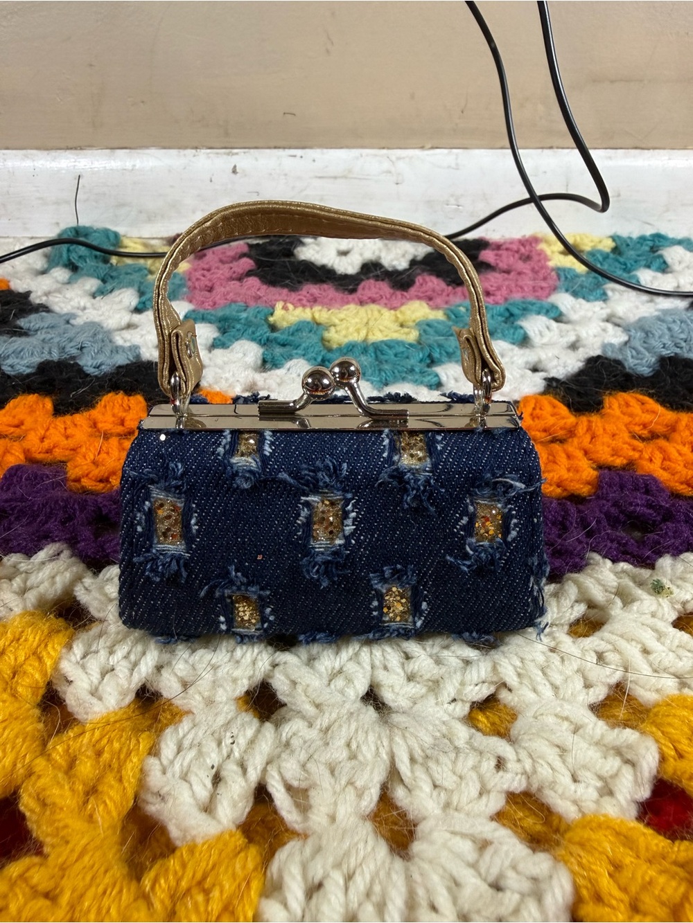 Gold Handle Dark Blue Denim Micro Clutch Top-Handle Bag